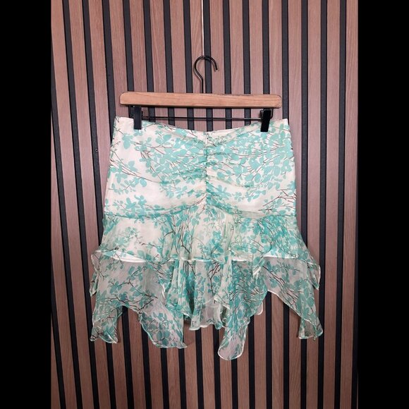 New Paul & Joe Mini Skirt 40 / US M Womens Blue Sheer Ruffled 100% Silk Printed - Picture 2 of 5